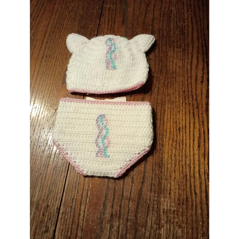 New 0-3 Month Crocheted Unicorn Hat Cap and Diaper Cover White Pink Purple Blue
